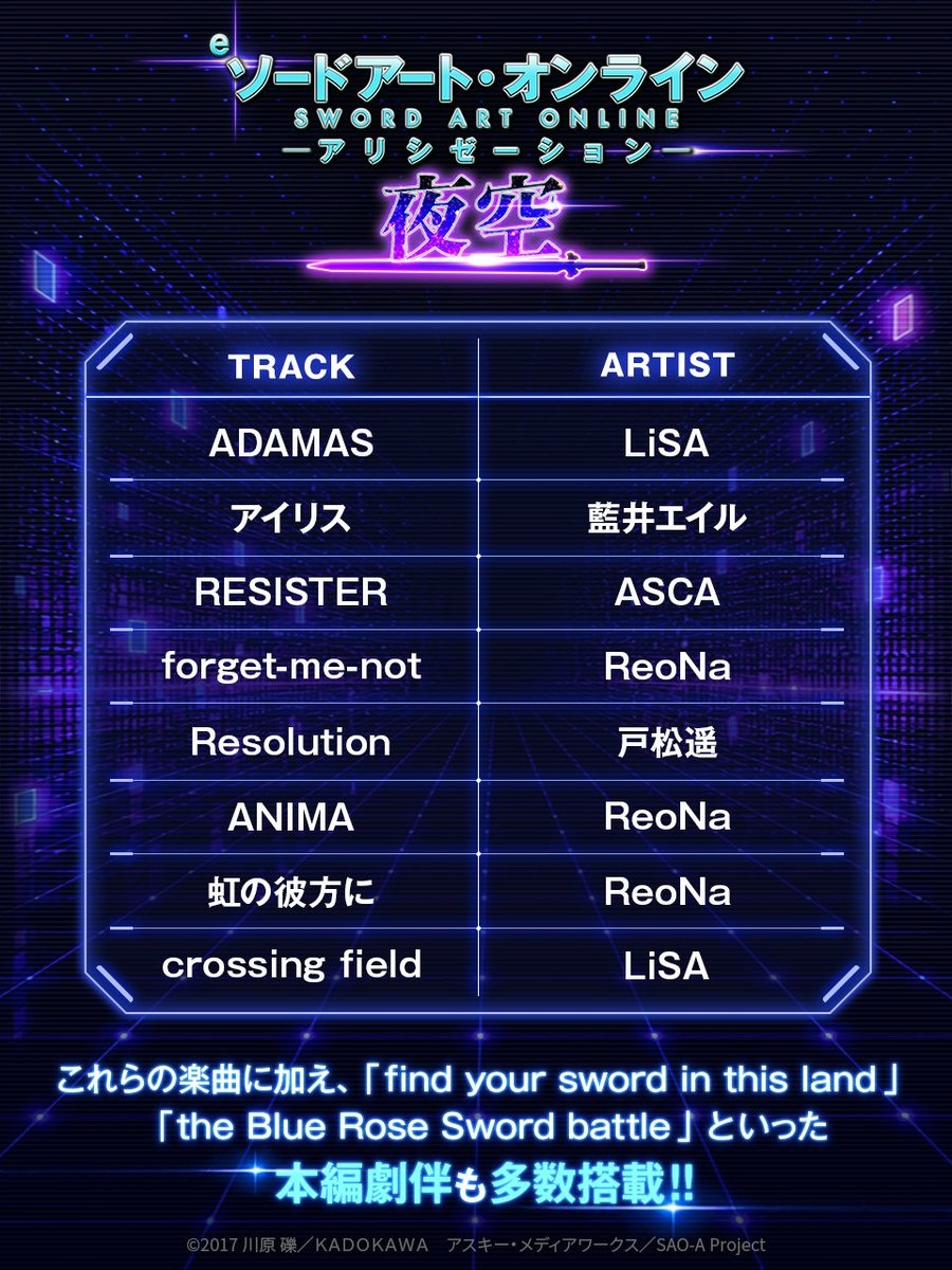 eソードアート・オンライン アリシゼーション 夜空」搭載楽曲の一部を