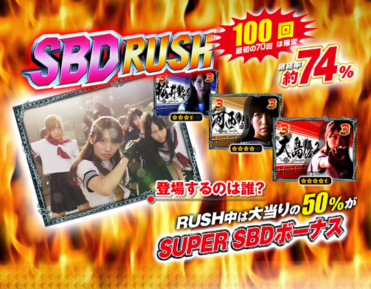 SBD RUSH 100回 最初の70回は確変 継続率約74% 登場するのは誰？ RUSH中は大当りの50%がSUPER SBDボーナス