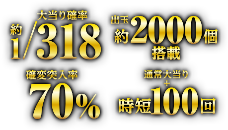 大当たり確立約1/318、出玉約2000個搭載、確変突入率70%、通常大当り+時短100回