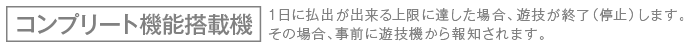 コンプリート機能搭載機 1日に払出が出来る上限に達した場合、遊技を終了（停止）します。その場合、事前に遊技機から報知されます。
