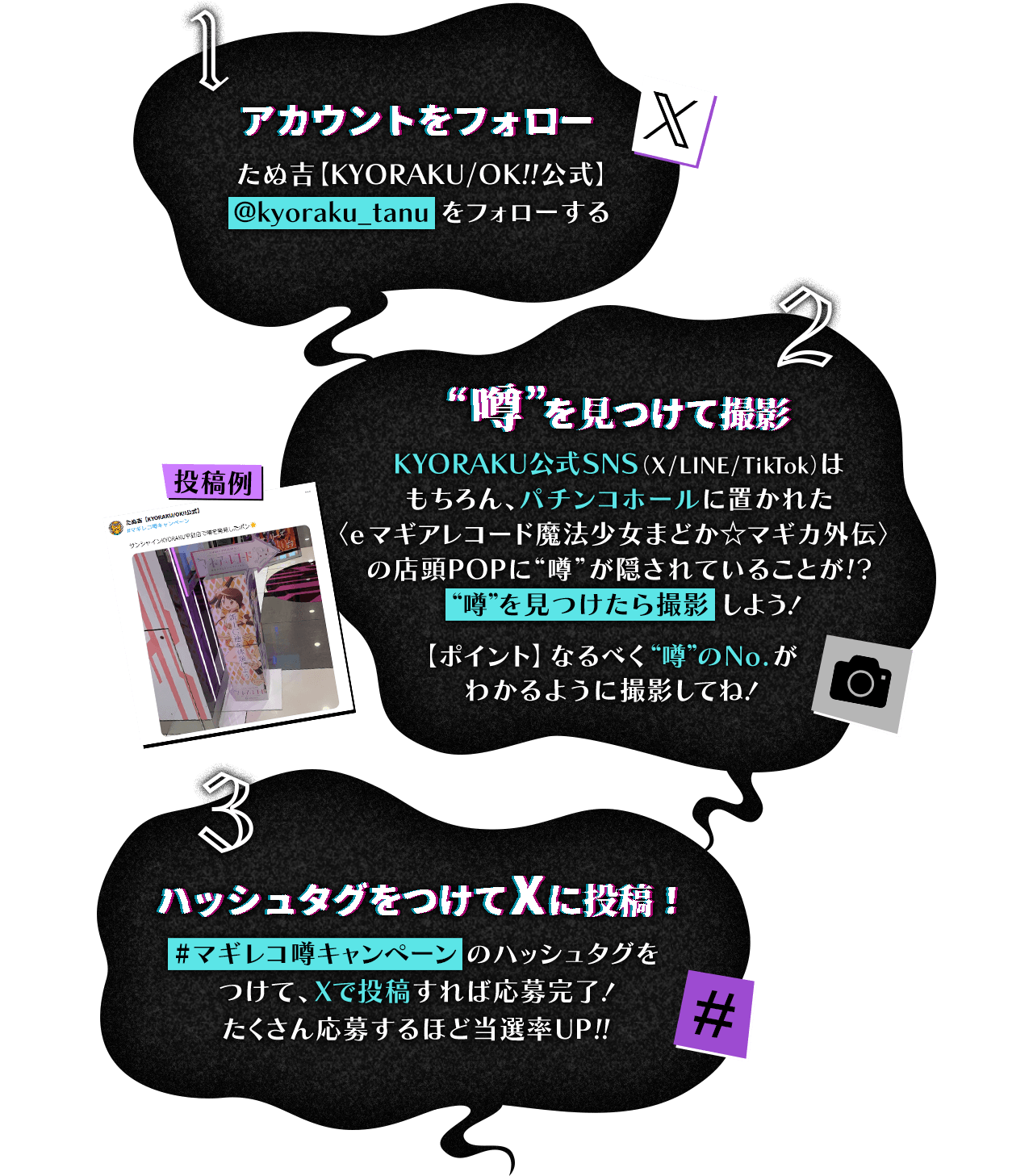 1. アカウントをフォロー 2. 噂を見つけて撮影 3. ハッシュタグをつけてXに投稿！