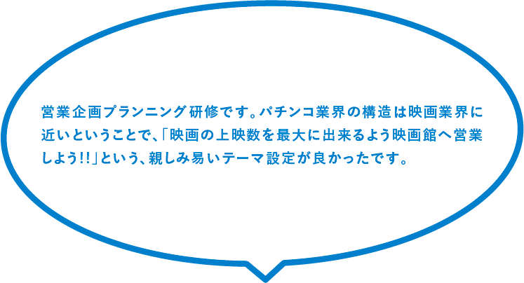 営業企画プランニング研修です。パチンコ業界の構造は映画業界に近いということで、「映画の上映数を最大に出来るよう映画館へ営業しよう!!」という、親しみ易いテーマ設定が良かったです。