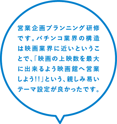 営業企画プランニング研修です。パチンコ業界の構造は映画業界に近いということで、「映画の上映数を最大に出来るよう映画館へ営業しよう!!」という、親しみ易いテーマ設定が良かったです。